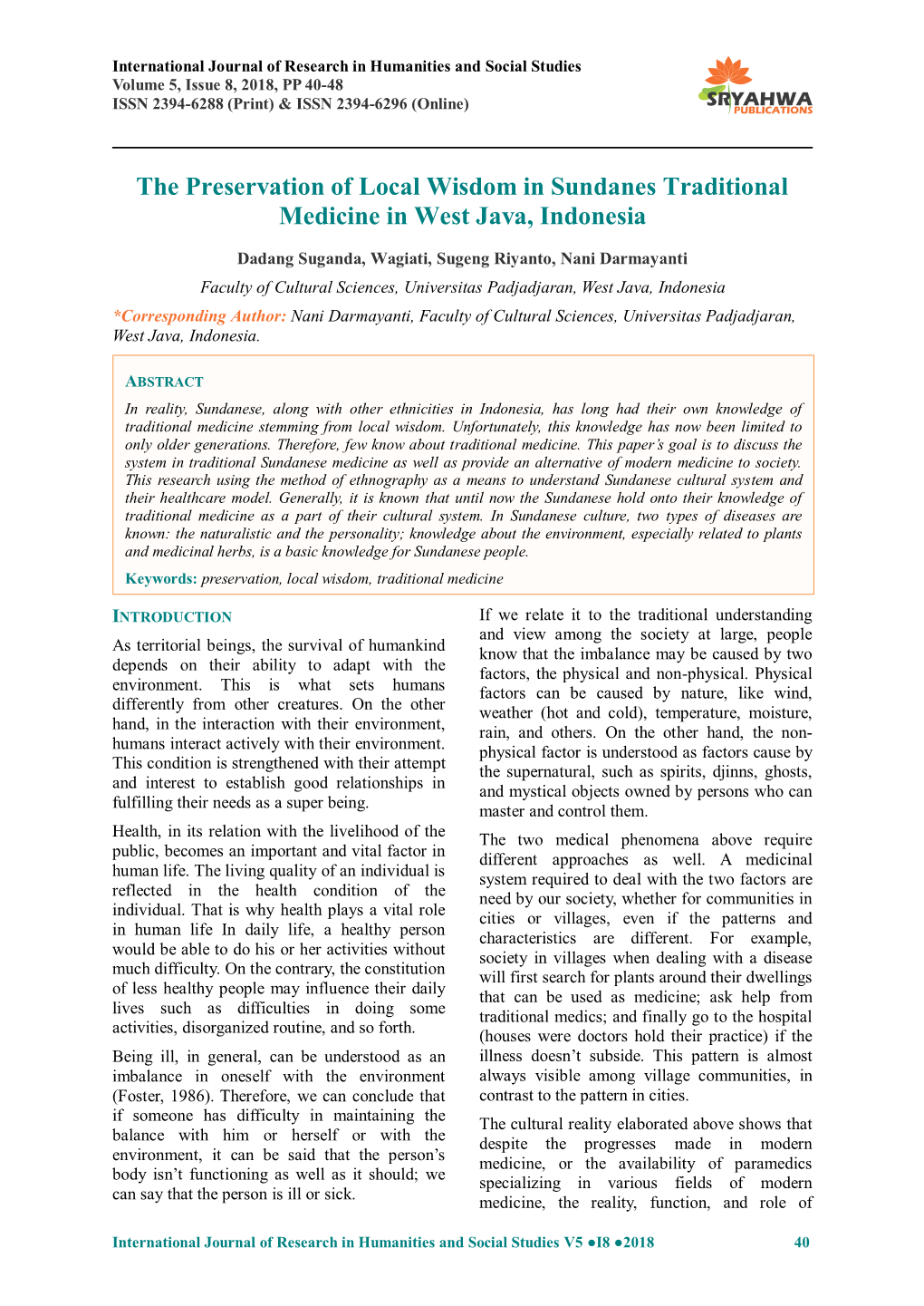 The Preservation of Local Wisdom in Sundanes Traditional Medicine in West Java, Indonesia