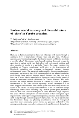 Environmental Harmony and the Architecture of ‘Place’ in Yoruba Urbanism
