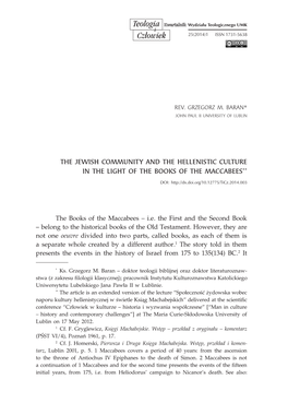 The Jewish Community and the Hellenistic Culture in the Light of the Books of the Maccabees**