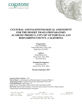 Cultural and Paleontological Assessment for the Desert Trails Preparatory Academy Project, City of Victorville, San Bernardino County, California