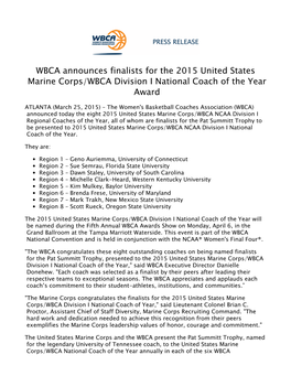 WBCA Announces Finalists for the 2015 United States Marine Corps/WBCA Division I National Coach of the Year Award