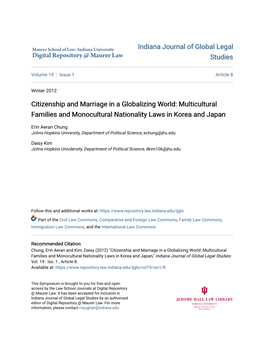Citizenship and Marriage in a Globalizing World: Multicultural Families and Monocultural Nationality Laws in Korea and Japan