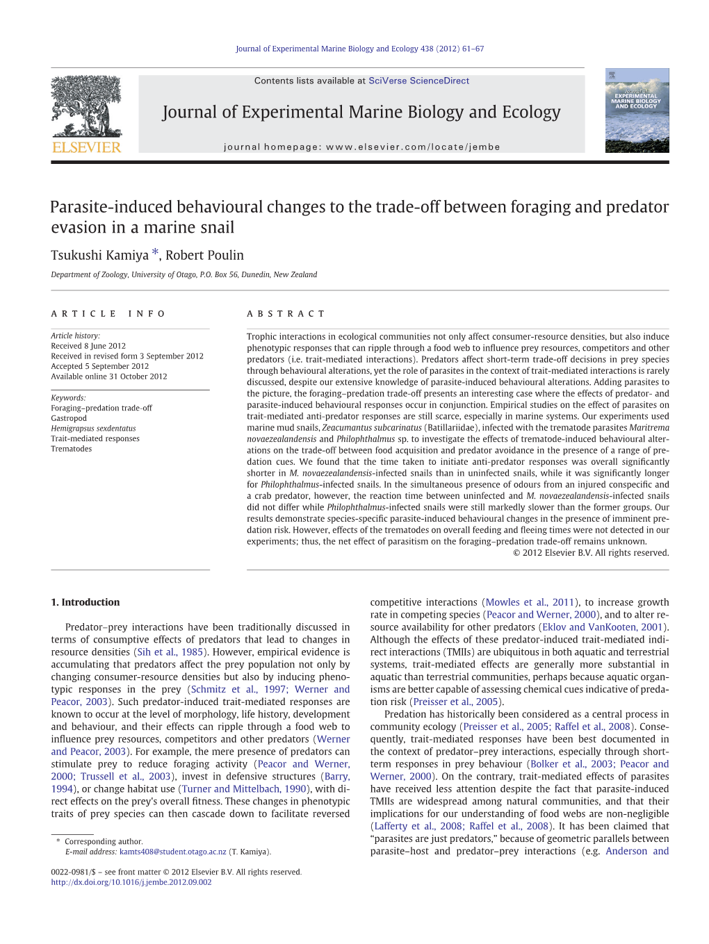 Parasite-Induced Behavioural Changes to the Trade-Off Between Foraging and Predator Evasion in a Marine Snail