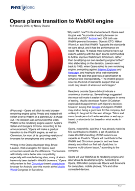 Opera Plans Transition to Webkit Engine 13 February 2013, by Nancy Owano