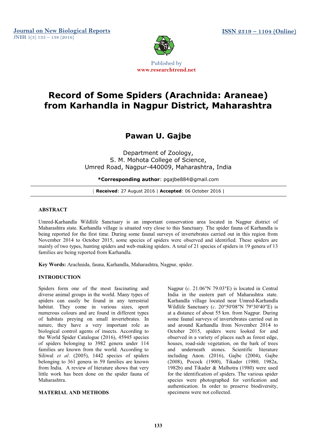 Record of Some Spiders (Arachnida: Araneae) from Karhandla in Nagpur District, Maharashtra