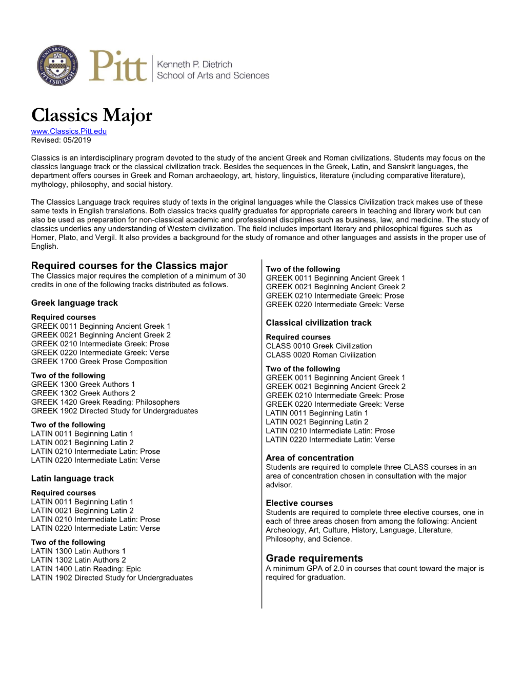 Classics Major Revised: 05/2019