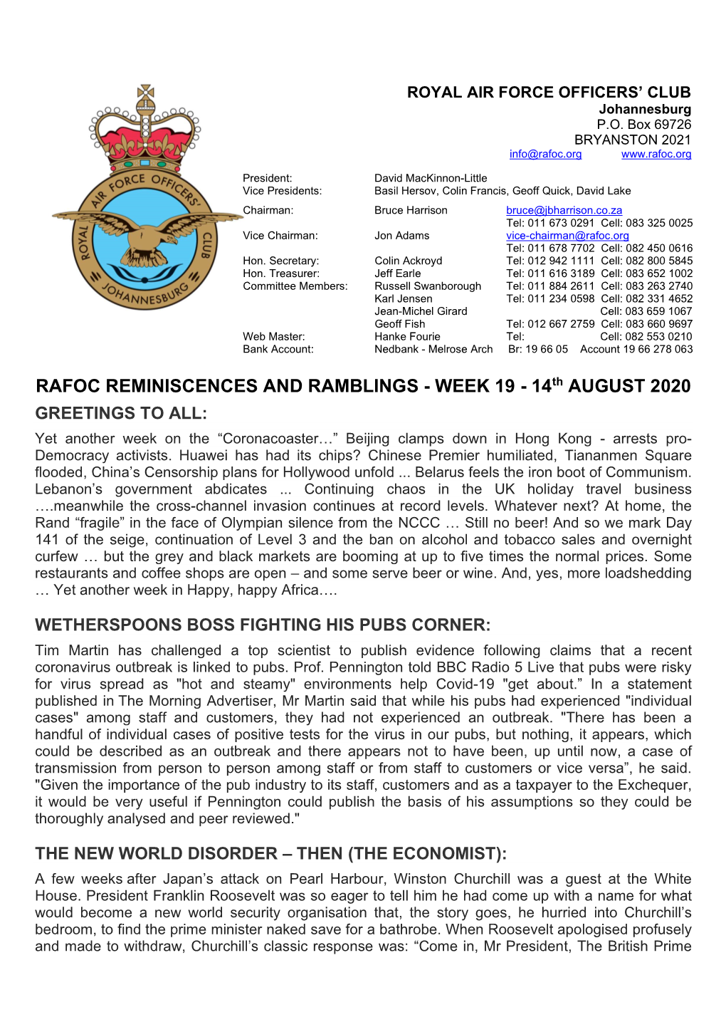 RAFOC REMINISCENCES and RAMBLINGS - WEEK 19 - 14Th AUGUST 2020