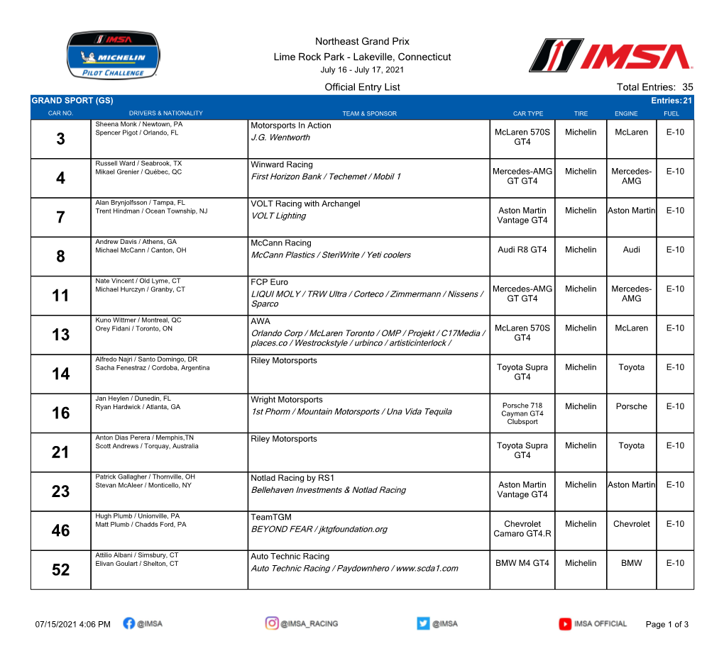 Northeast Grand Prix Lime Rock Park - Lakeville, Connecticut July 16 - July 17, 2021 Official Entry List Total Entries: 35 GRAND SPORT (GS) Entries:21 CAR NO