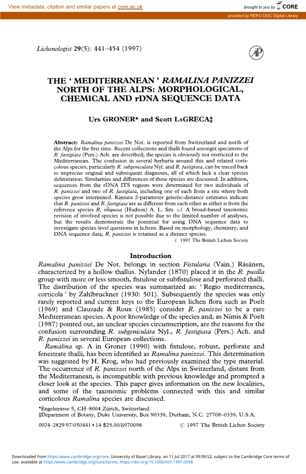 THE ' MEDITERRANEAN ' RAMALINA PANIZZEI NORTH of the ALPS: MORPHOLOGICAL, CHEMICAL and Rdna SEQUENCE DATA