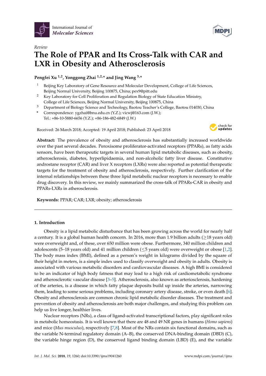 The Role of PPAR and Its Cross-Talk with CAR and LXR in Obesity and Atherosclerosis