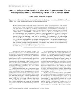 Data on Biology and Exploitation of West Atlantic Sperm Whales, Physeter Macrocephalus (Cetacea: Physeteridae) Off the Coast of Paraíba, Brazil
