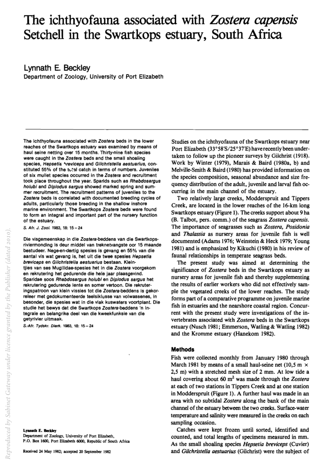 The Ichthyofauna Associated with Zostera Capensis Setchell Ill the Swartkops Estuary, South Africa