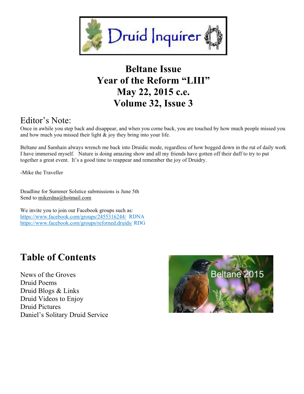 Beltane Issue Year of the Reform “LIII” May 22, 2015 C.E