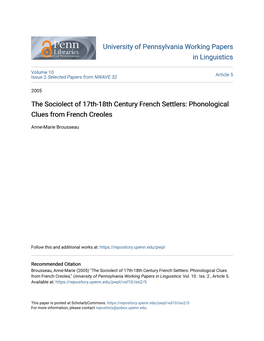 The Sociolect of 17Th-18Th Century French Settlers: Phonological Clues from French Creoles