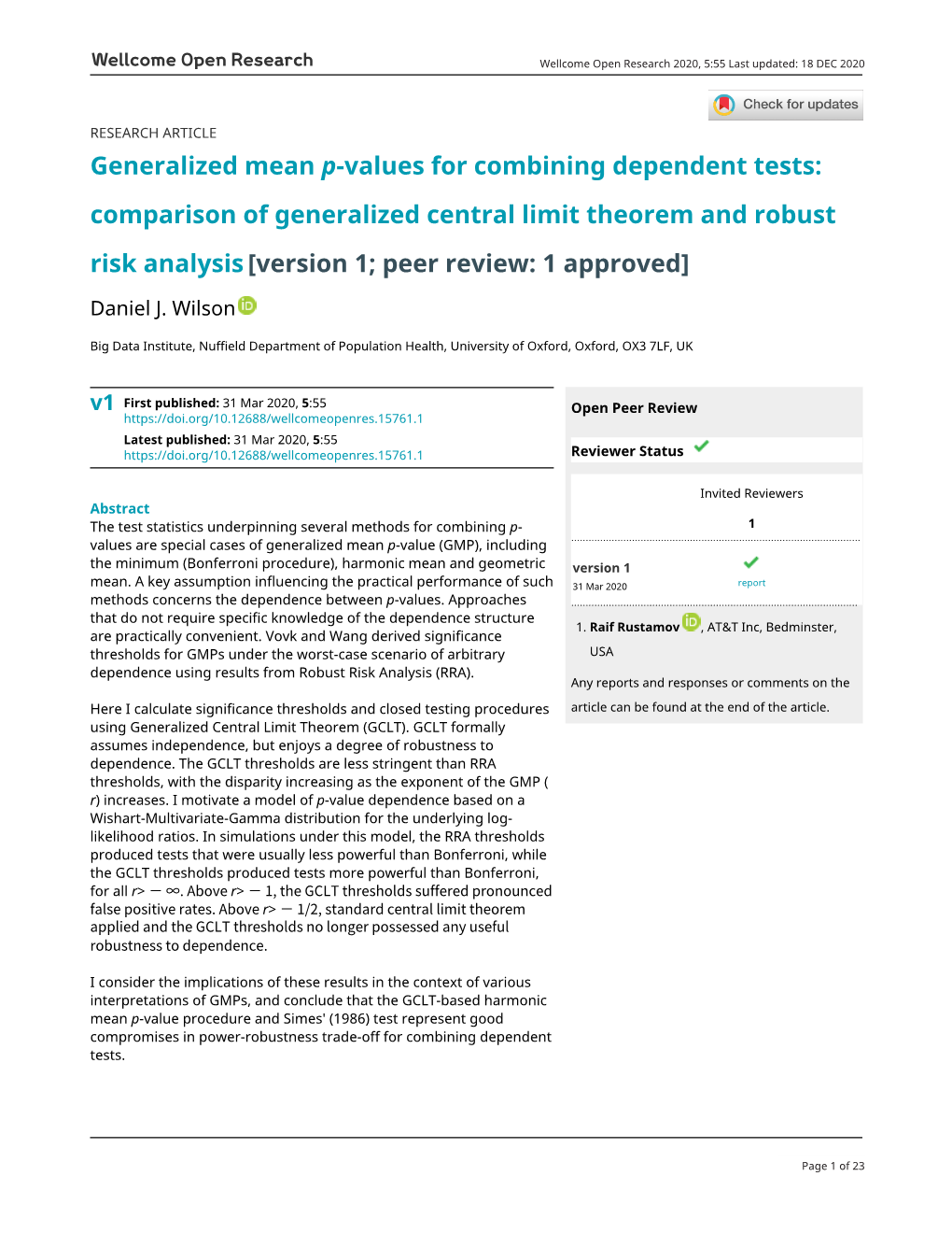 Generalized Mean P-Values for Combining Dependent Tests: Comparison of Generalized Central Limit Theorem and Robust Risk Analysis [Version 1; Peer Review: 1 Approved]
