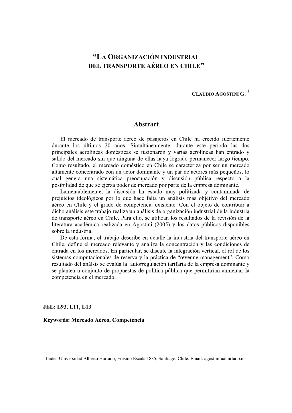 La Organización Industrial Del Transporte Aéreo En Chile”