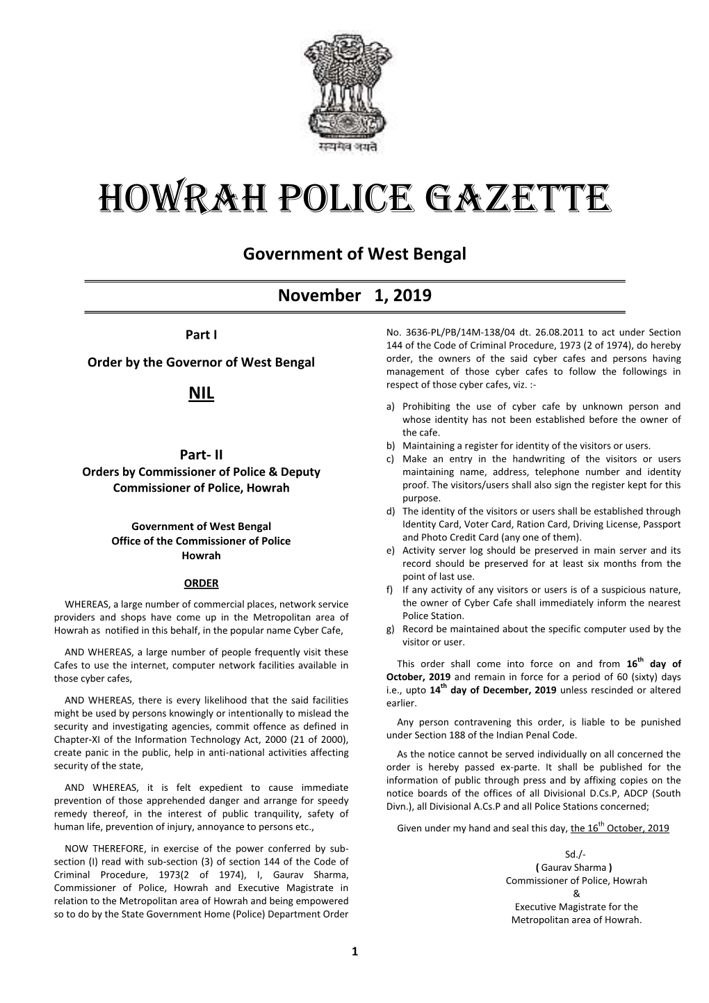 Howrah City Police Gazette, August 1, 2011