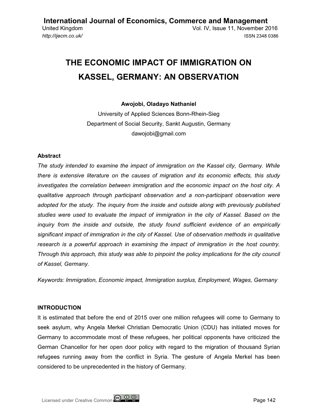 The Economic Impact of Immigration on Kassel, Germany: an Observation