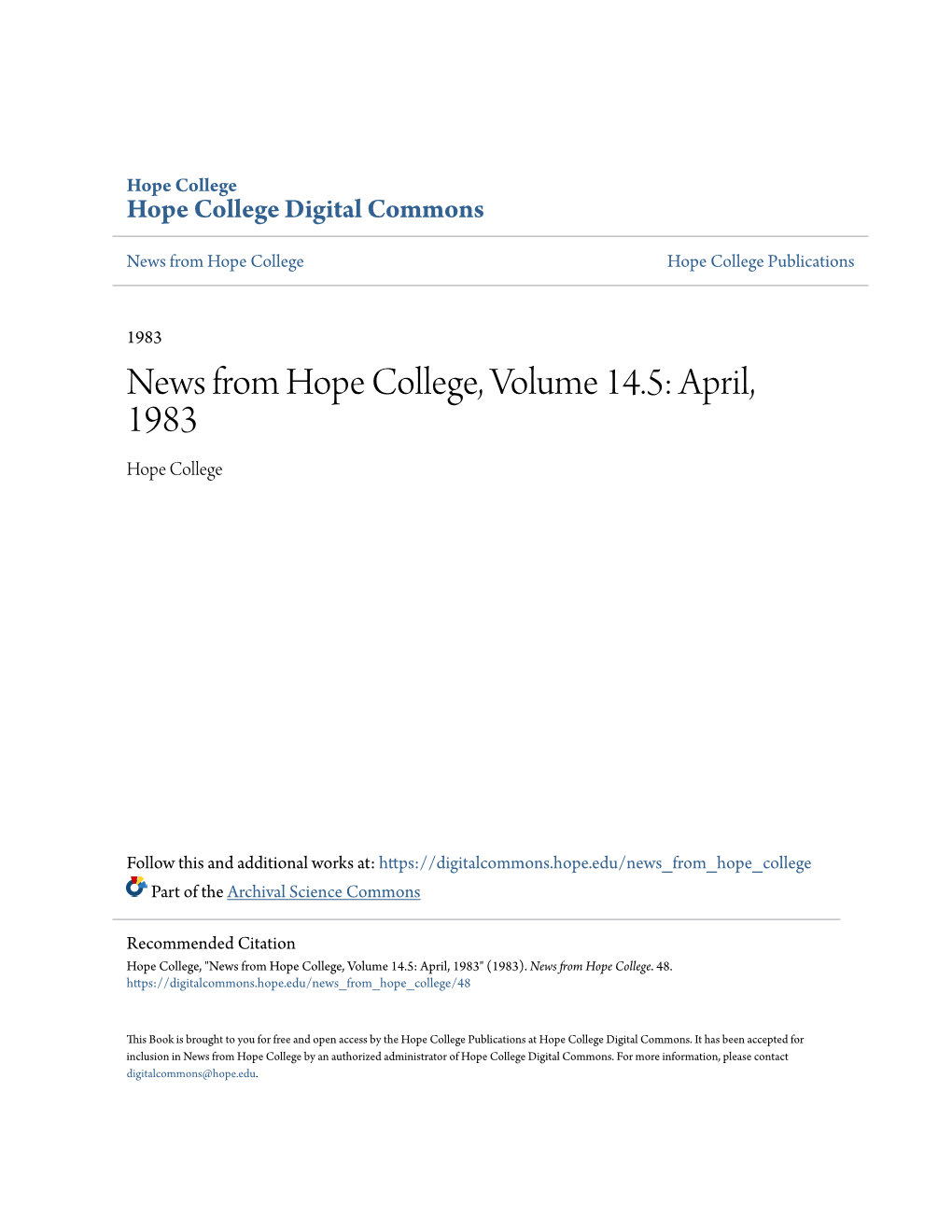 News from Hope College, Volume 14.5: April, 1983 Hope College
