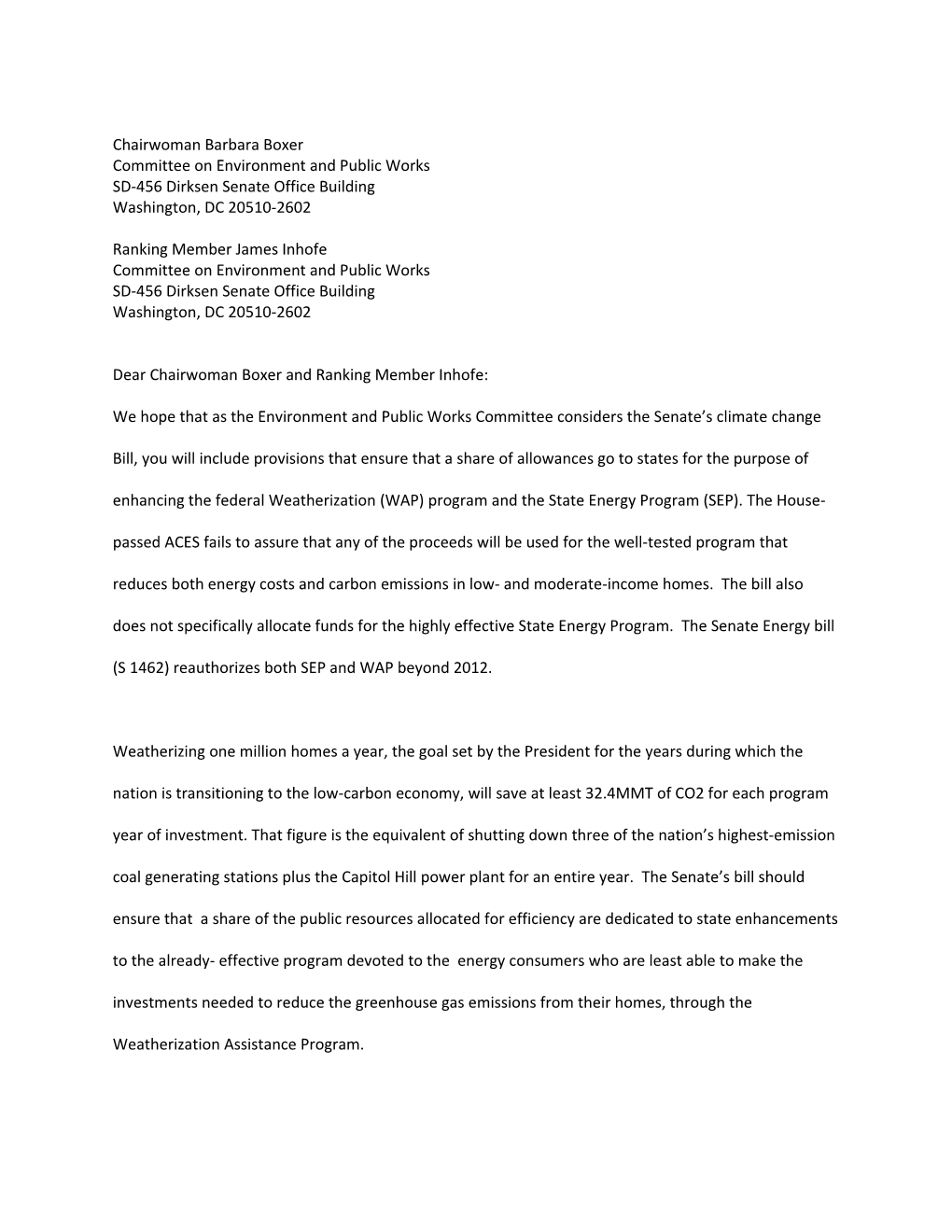 Senate Climate Bill - Letter to Senator Clean (D0069992)