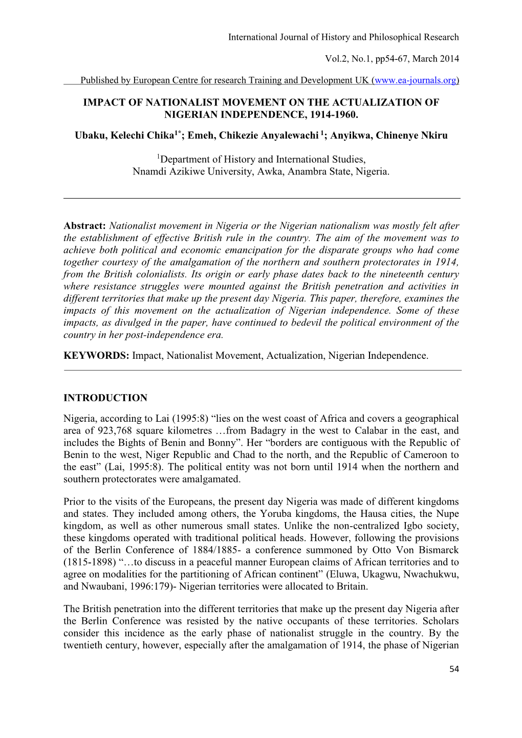 Impact of Nationalist Movement on the Actualization of Nigerian Independence, 1914-1960