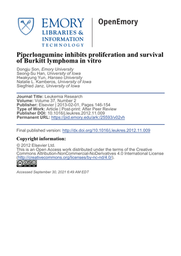 Piperlongumine Inhibits Proliferation and Survival