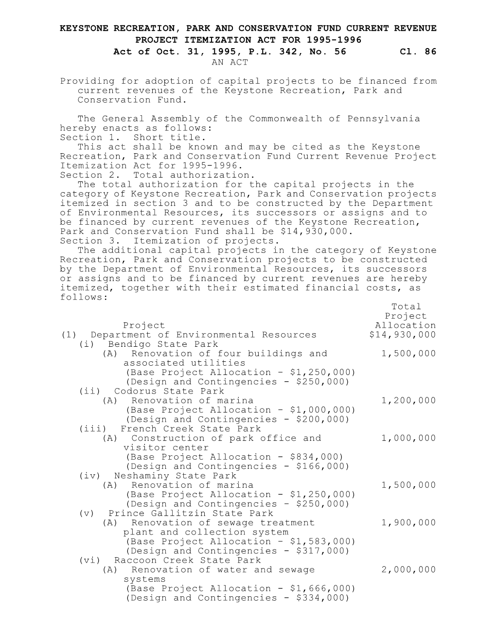 KEYSTONE RECREATION, PARK and CONSERVATION FUND CURRENT REVENUE PROJECT ITEMIZATION ACT for 1995-1996 Cl. 86 Act of Oct. 31