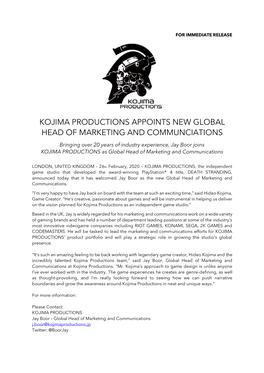 Kojima Productions Appoints New Global Head of Marketing and Communciations