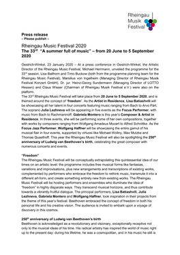 Rheingau Music Festival 2020 the 33Rd “A Summer Full of Music” – from 20 June to 5 September 2020