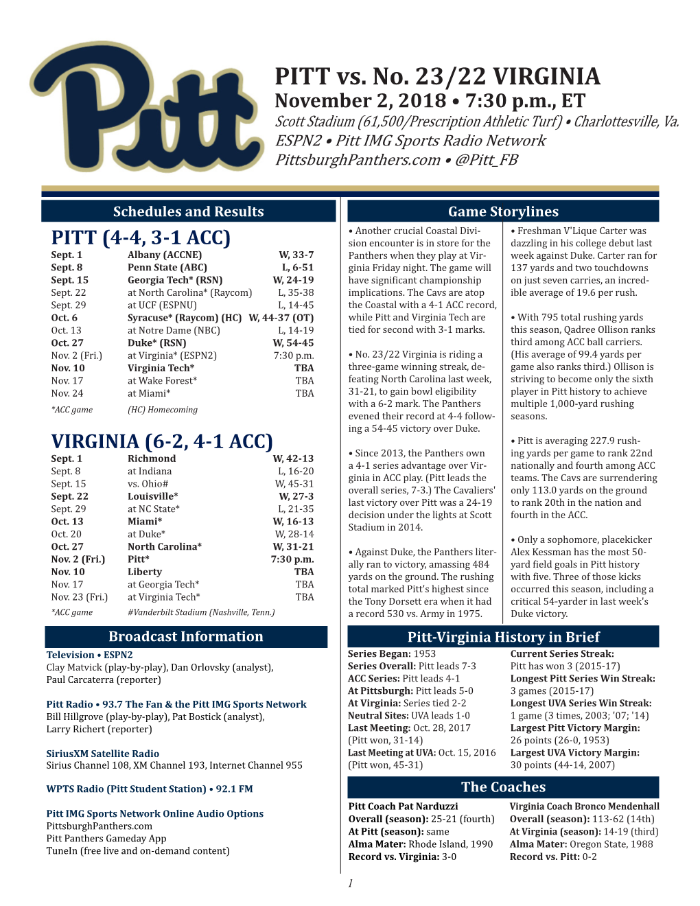 PITT Vs. No. 23/22 VIRGINIA November 2, 2018 • 7:30 P.M., ET Scott Stadium (61,500/Prescription Athletic Turf) • Charlottesville, Va