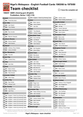 Team Checklist I Have the Complete Set 1966/67 A&BC Chewing Gum (English) Footballers, Series 1 (001-110)
