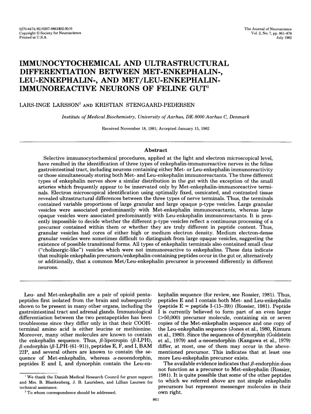 Immunocytochemical and Ultrastructural Differentiation Between Met-Enkephalin-, Leu-Enkephalin-, and Met/Leu-Enkephalin- Immunoreactive Neurons of Feline Gut1