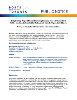 Billy Bishop Airport Master Planning Process Takes Off with First Public Meeting Scheduled for February 7 from 5:00 P.M