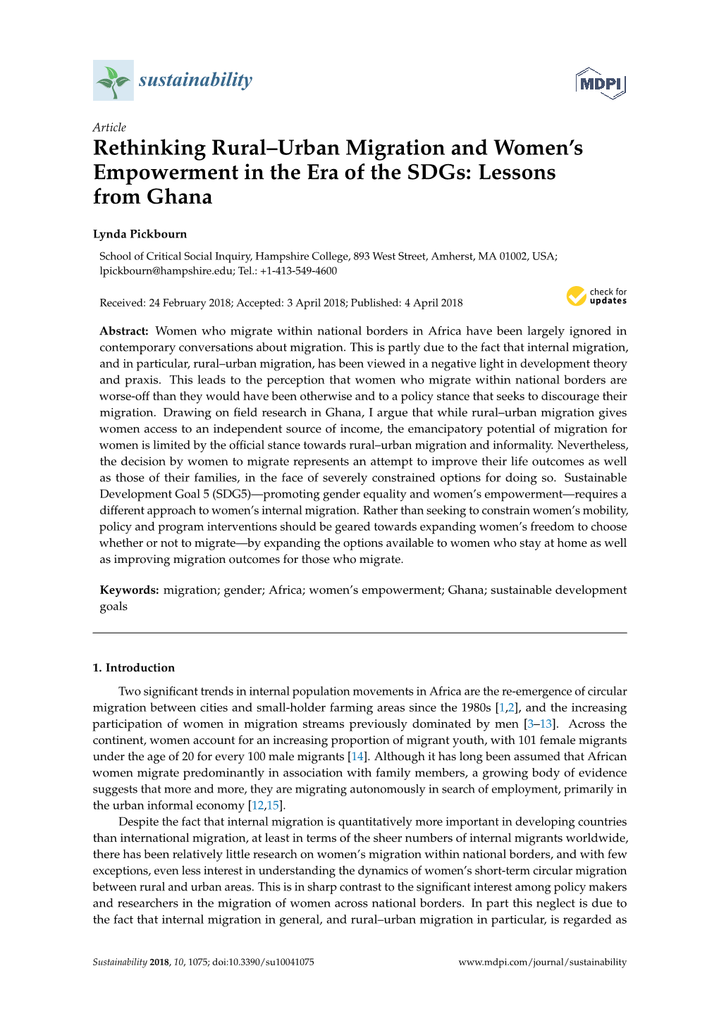 Rethinking Rural–Urban Migration and Women's