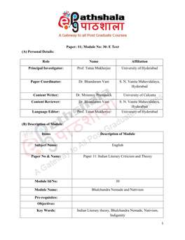 Paper: 11; Module No: 30: E Text (A) Personal Details