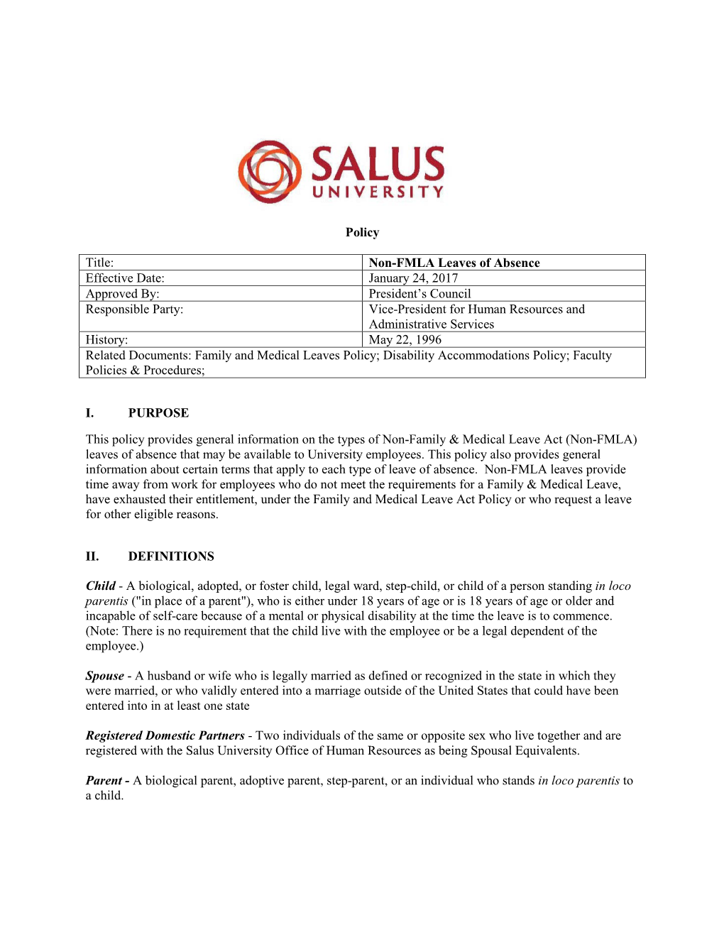 Policy Title: Non-FMLA Leaves of Absence Effective Date