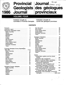 Provincial Geologists 1986 Journal Journal.,,, L.. Des Geologues Provinciaux
