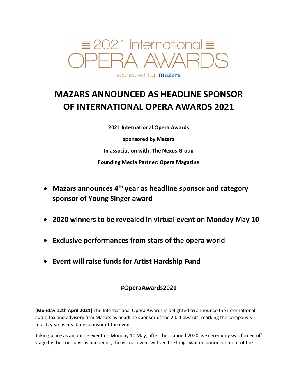 Mazars Announced As Headline Sponsor of International Opera Awards 2021