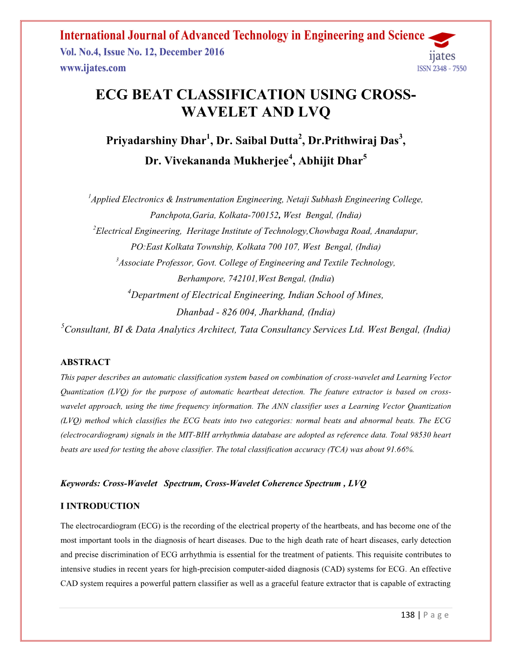 Ecg Beat Classification Using Cross- Wavelet and Lvq