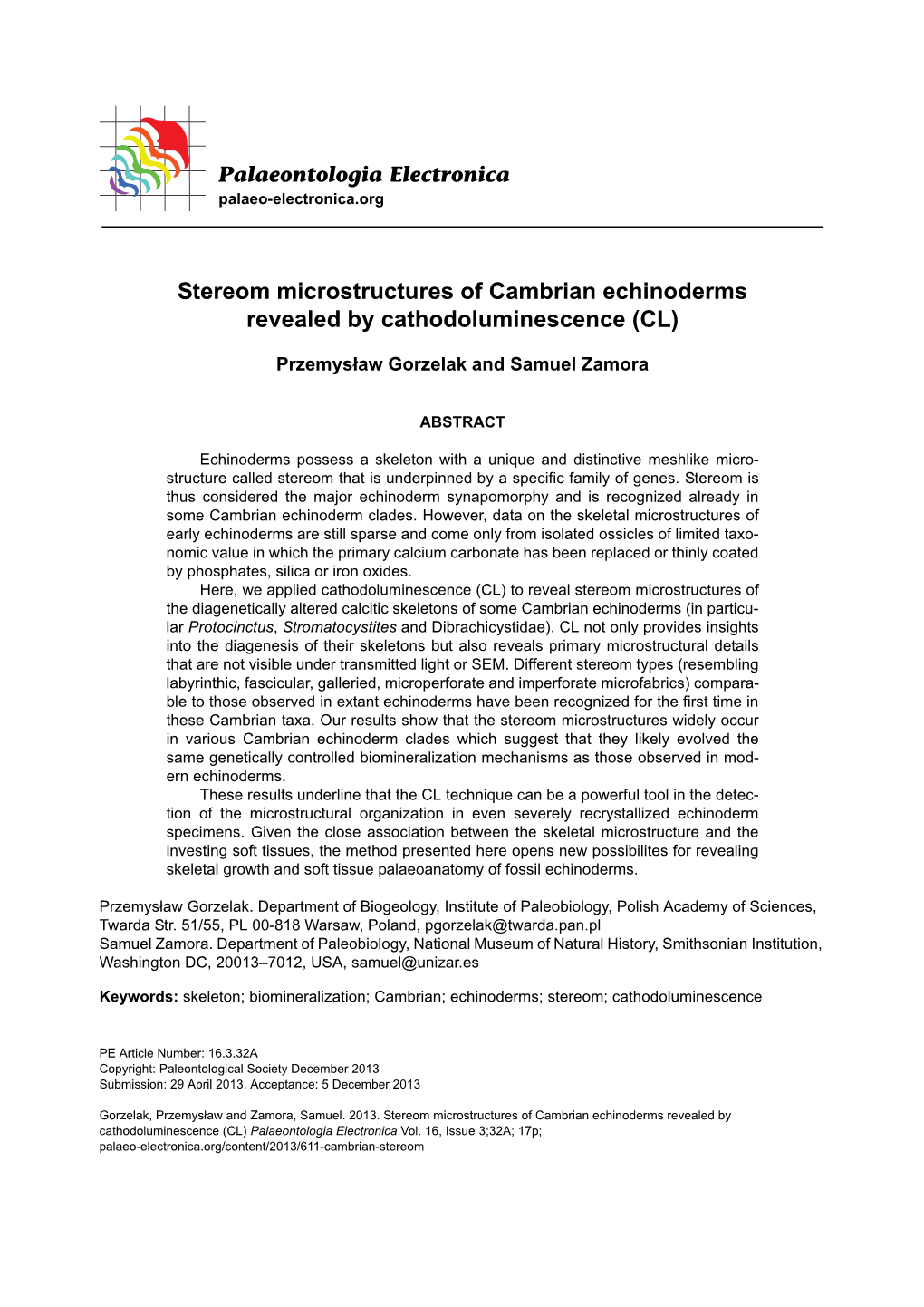 Stereom Microstructures of Cambrian Echinoderms Revealed by Cathodoluminescence (CL)