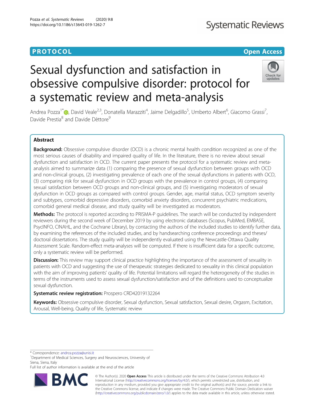 Sexual Dysfunction and Satisfaction in Obsessive Compulsive Disorder: Protocol for a Systematic Review and Meta-Analysis