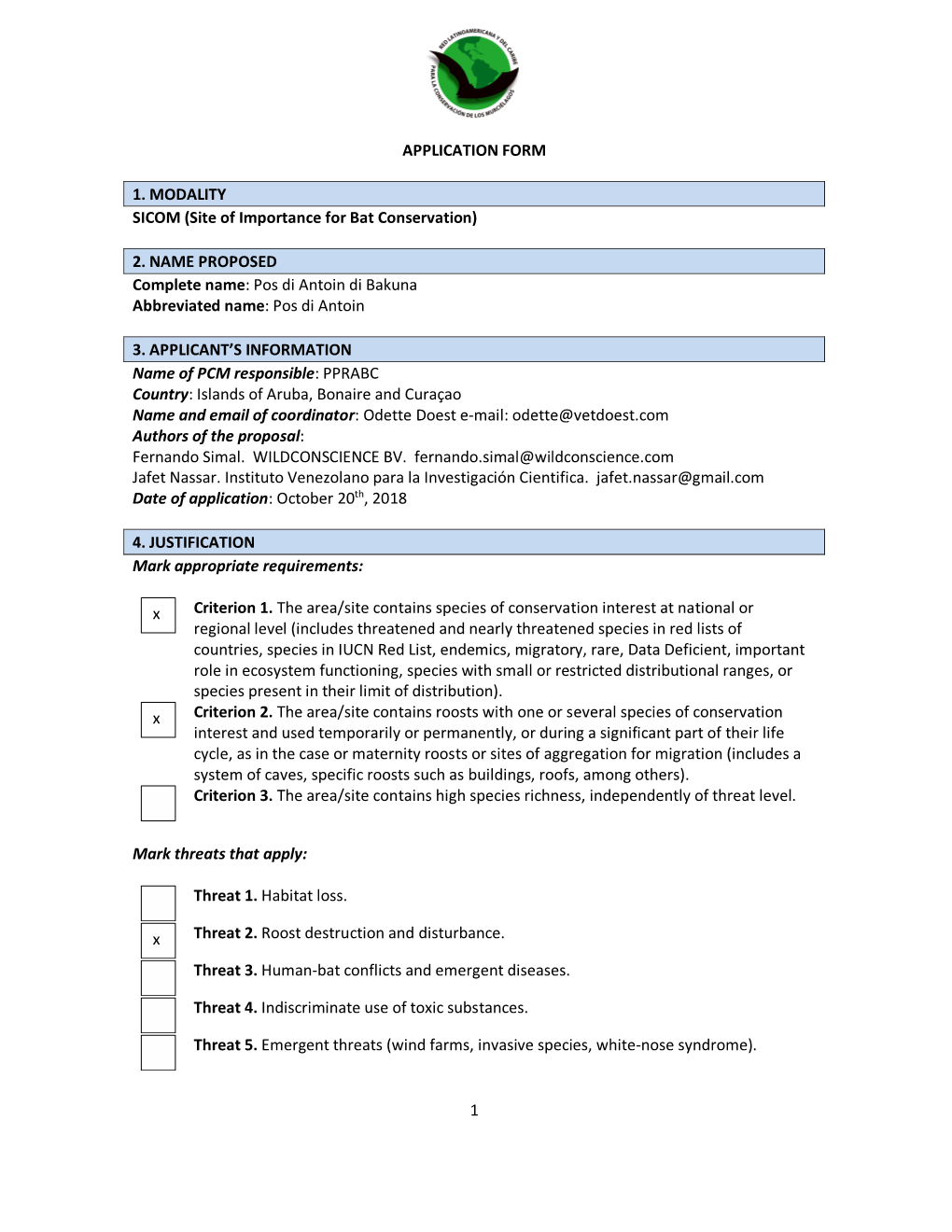 1 APPLICATION FORM 1. MODALITY SICOM (Site of Importance for Bat