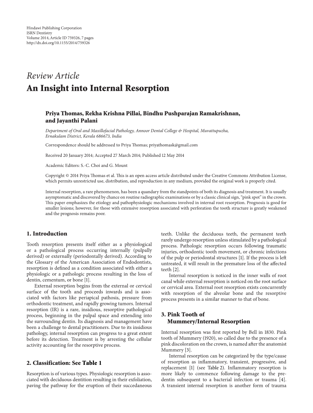Review Article an Insight Into Internal Resorption