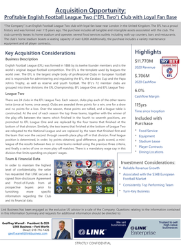 Acquisition Opportunity: Profitable English Football League Two ("EFL Two") Club with Loyal Fan Base