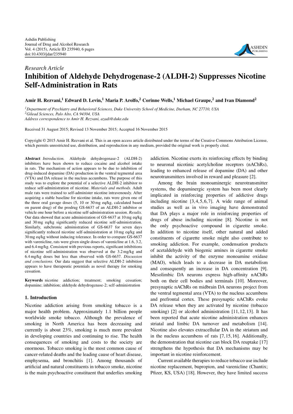 (ALDH-2) Suppresses Nicotine Self-Administration in Rats