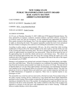 New York State Public Transportation Safety Board Rail Safety Section Abbreviated Report Case Number: 9600