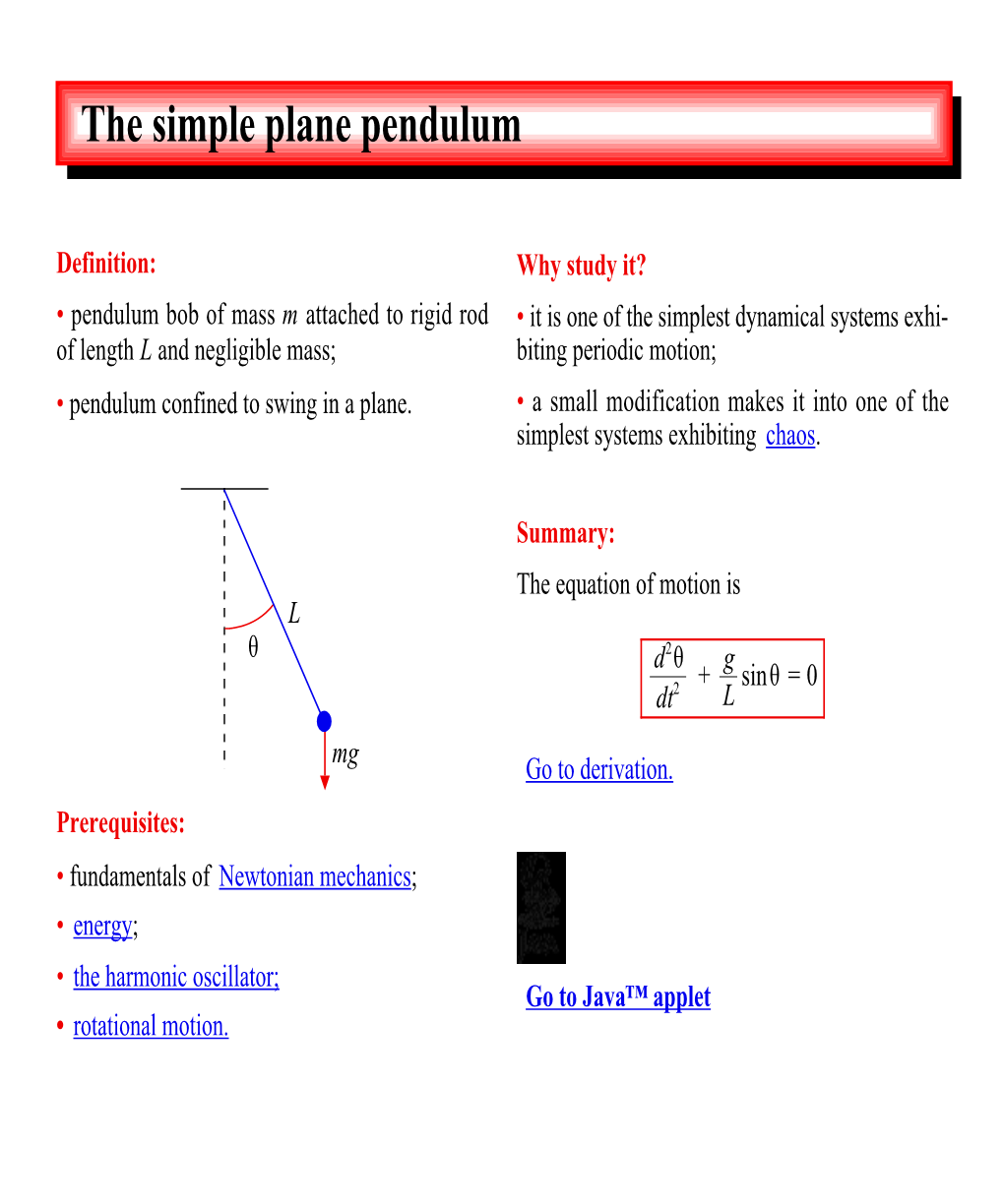 The Simple Plane Pendulum