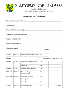 Anmeldung Zur Ferienaktion