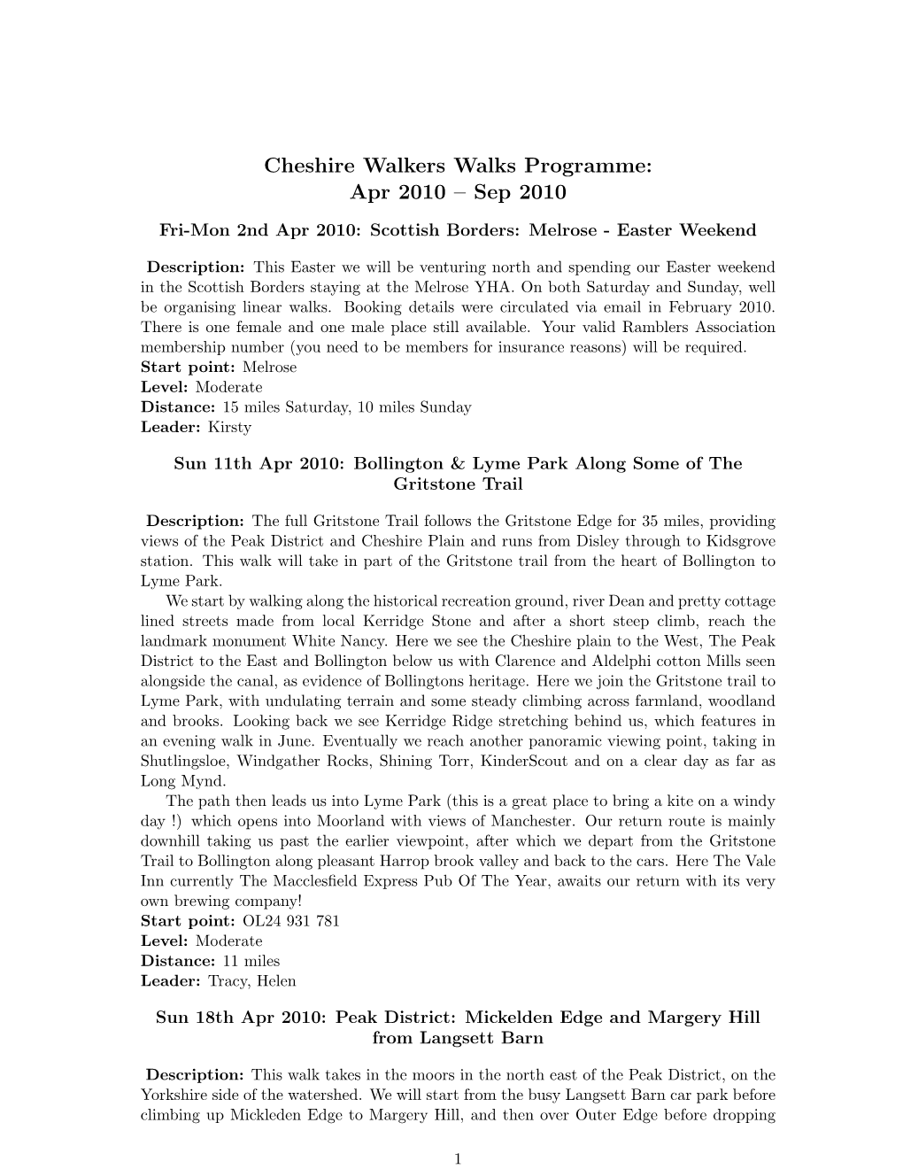 Cheshire Walkers Walks Programme: Apr 2010 – Sep 2010