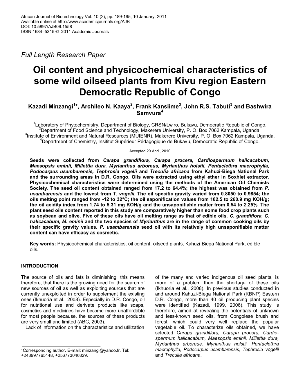 Oil Content and Physicochemical Characteristics of Some Wild Oilseed Plants from Kivu Region Eastern Democratic Republic of Congo